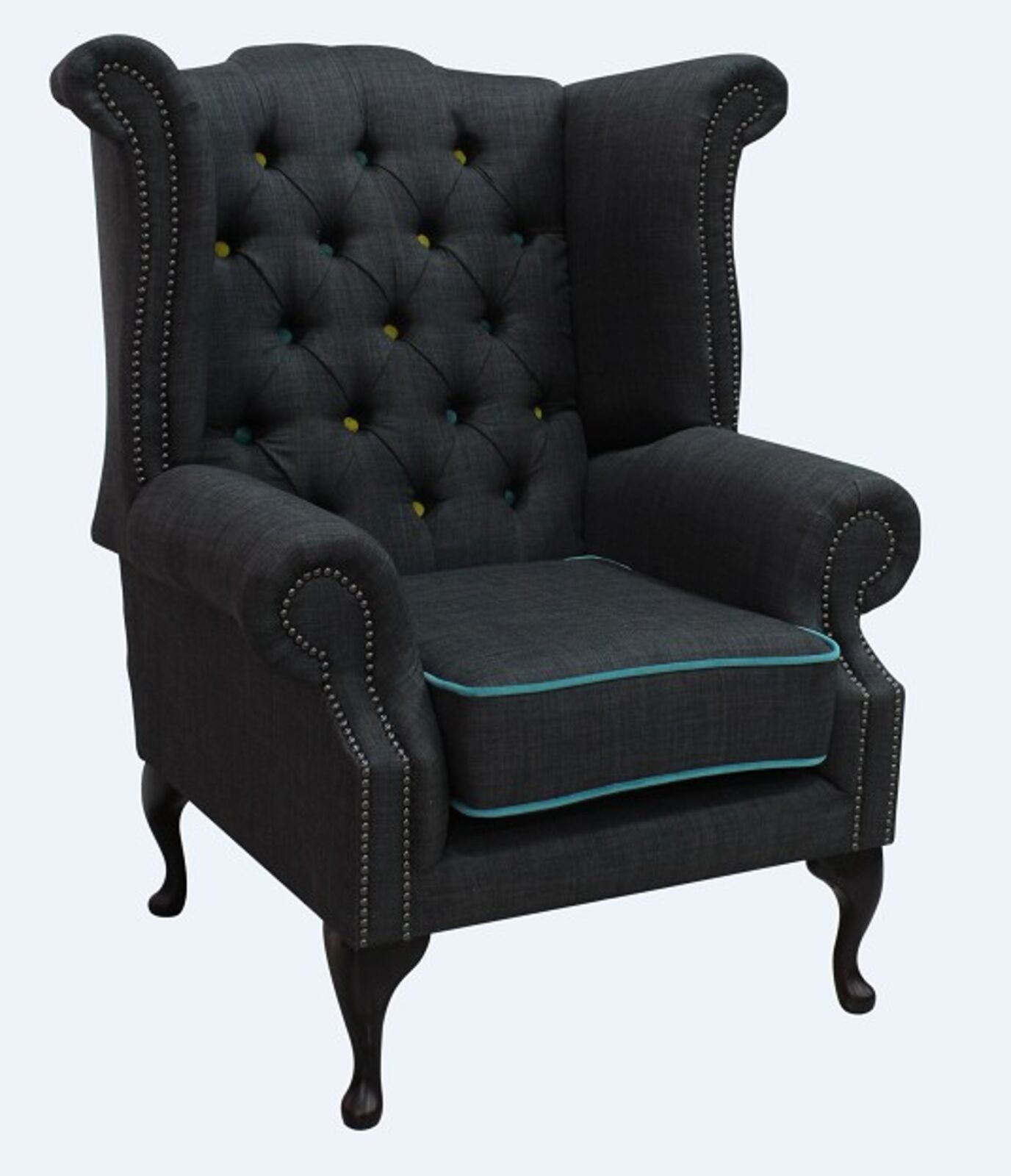 Product photograph of Charles Charcoal Blue Trim Fabric Chesterfield Linen Queen Anne High Back Wing Chair Designersofas4u from Designer Sofas 4U