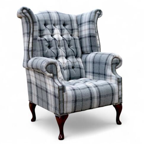 Chesterfield Queen Anne Buttoned Wing Chair High Back Armchair Sophie Zinc Checked Fabric