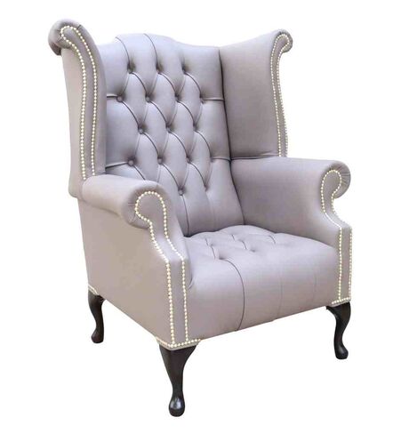 Chesterfield Buttoned Seat Queen Anne High Back Wing Chair Owl Brown Leather