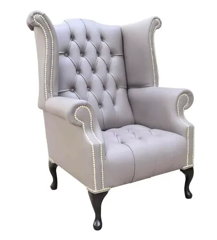 Chesterfield Buttoned Seat Queen Anne High Back Wing Chair Owl Brown Leather