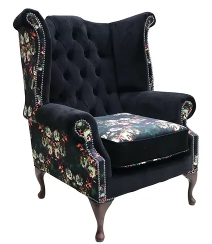 Chesterfield Queen Anne High Back Wing Chair Floral Black Velvet
