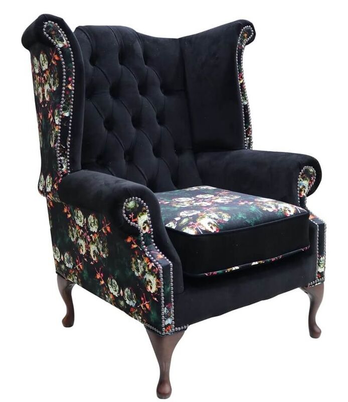 Product photograph of Chesterfield Queen Anne High Back Wing Chair Floral Black Velvet from Designer Sofas 4U