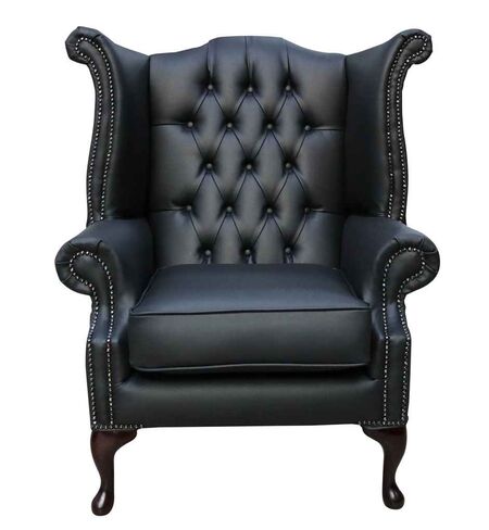 Bonded Leather Black Chesterfield Queen Anne Wing chair | DesignerSofas4U