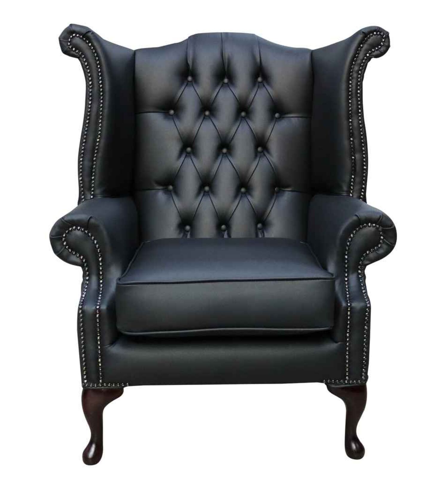 Product photograph of Bonded Leather Black Chesterfield Queen Anne Wing Chair Designersofas4u from Designer Sofas 4U