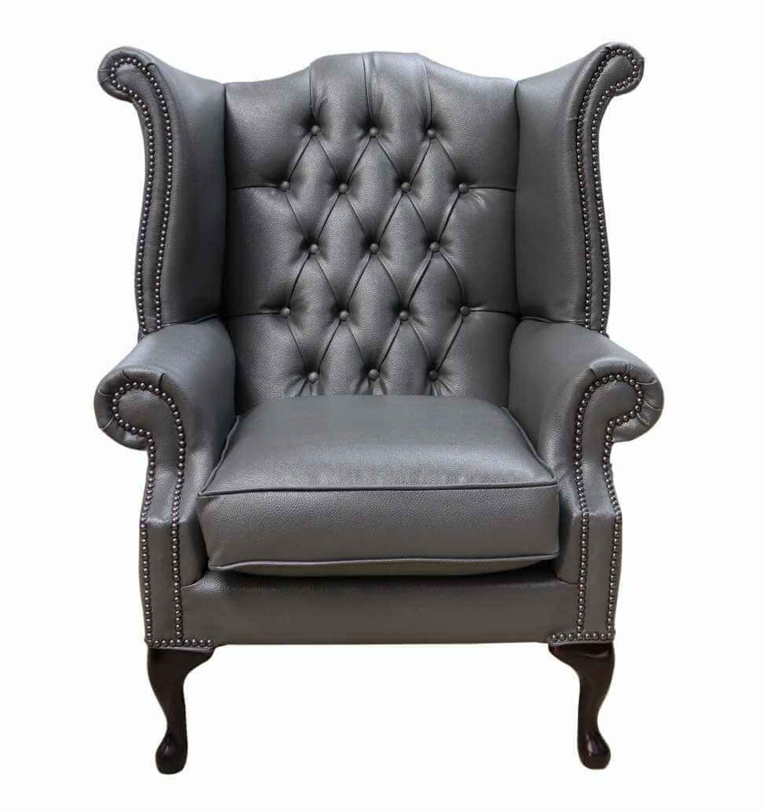 Product photograph of Bonded Leather Grey Chesterfield Queen Anne Wing Chair Amp Hellip from Designer Sofas 4U