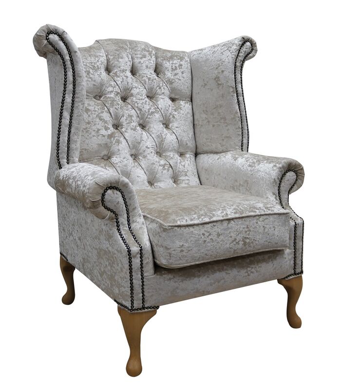 Product photograph of Chesterfield Queen Anne High Back Wing Chair Shimmer Pearl Velvet from Designer Sofas 4U
