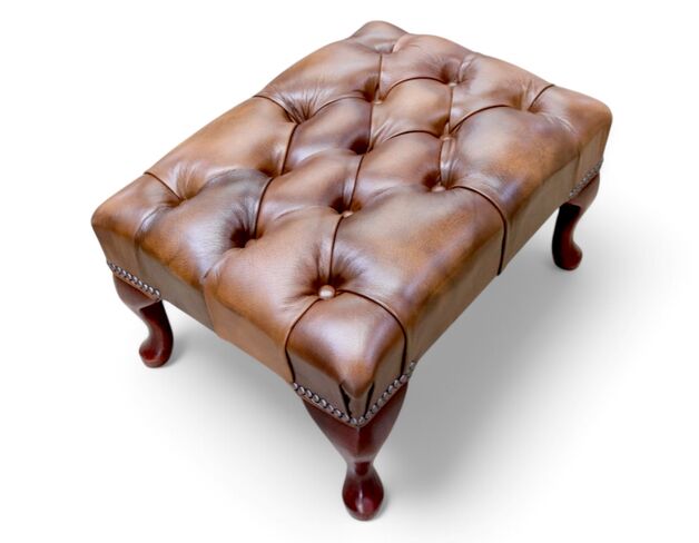 Chesterfield Queen Anne Footstool Antique Tan Real Leather