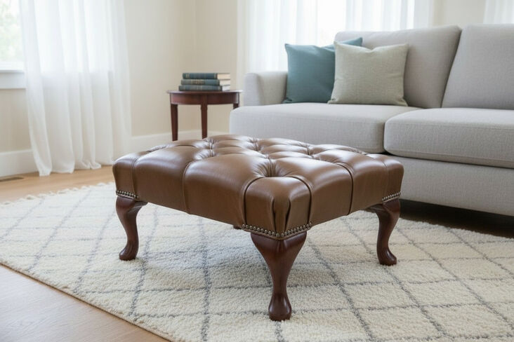 Chesterfield Queen Anne Footstool Antique Tan Real Leather