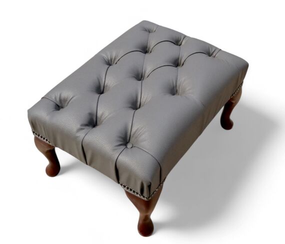 Chesterfield Queen Anne Footstool Italian Grey Leather Bonded