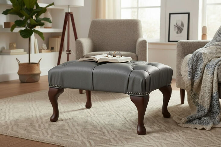 Chesterfield Queen Anne Footstool Italian Grey Leather Bonded