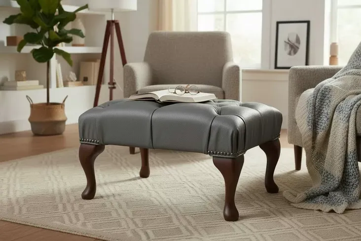 Chesterfield Queen Anne Footstool Italian Grey Leather Bonded
