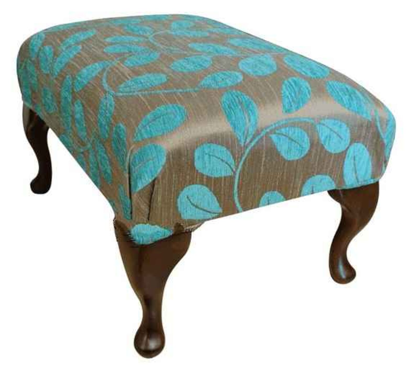Product photograph of Queen Anne Fabric Footstool Uk Manufactured Orchard Leaf Turquoise from Designer Sofas 4U