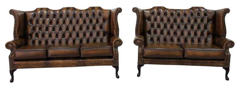 Chesterfield 3 + 2.5 Seater Queen Anne High Back Wing Sofa Suite Antique Tan Leather