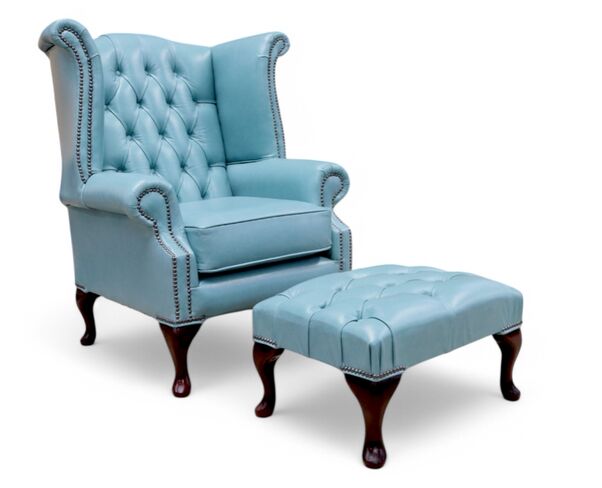 Chesterfield Queen Anne High Back Chair Old English Placid Lake Blue Leather With Footstool