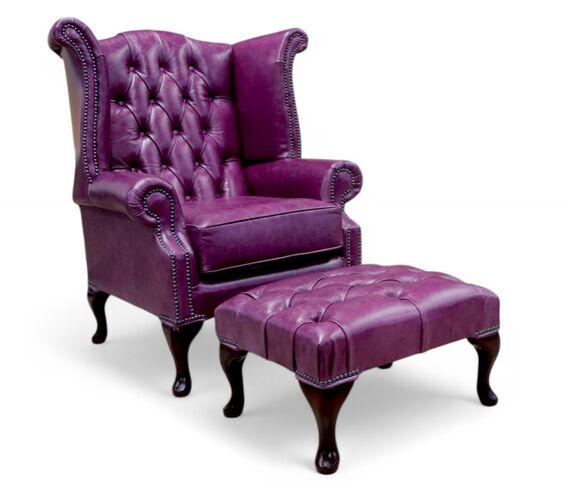 Chesterfield Queen Anne High Back Chair Old English Plum Leather With Footstool