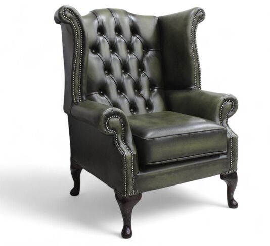 Chesterfield Queen Anne High Back Wing Chair Antique Olive Leather