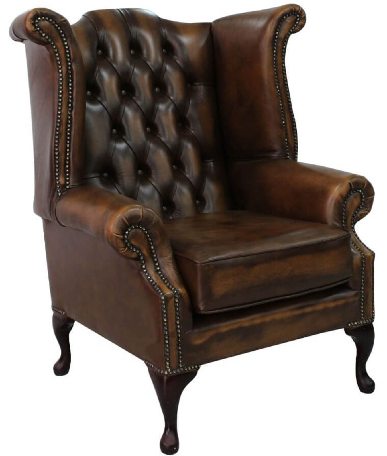 Product photograph of Chesterfield Queen Anne High Back Wing Chair Antique Tan Leather from Designer Sofas 4U