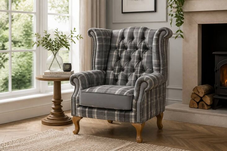 Chesterfield Queen Anne High Back Wing Chair Balmoral Dove Silver Grey Fabric And Leather