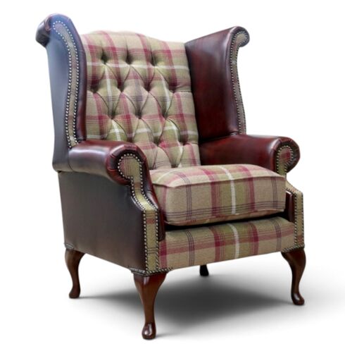 Chesterfield Queen Anne High Back Wing Chair Balmoral Heather Antique Oxblood Real Leather