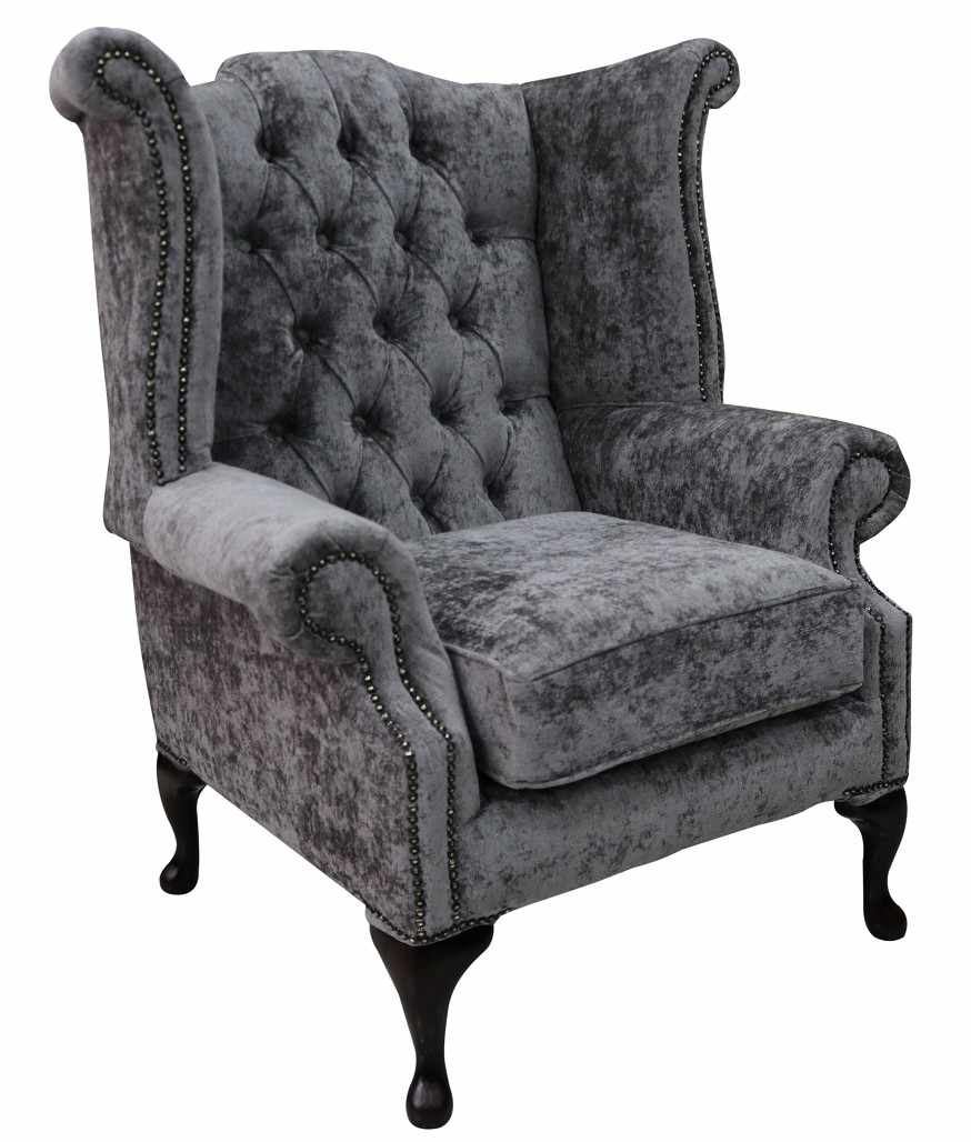 chesterfield fabric queen anne high back wing chair belvedere pewter grey  velvet