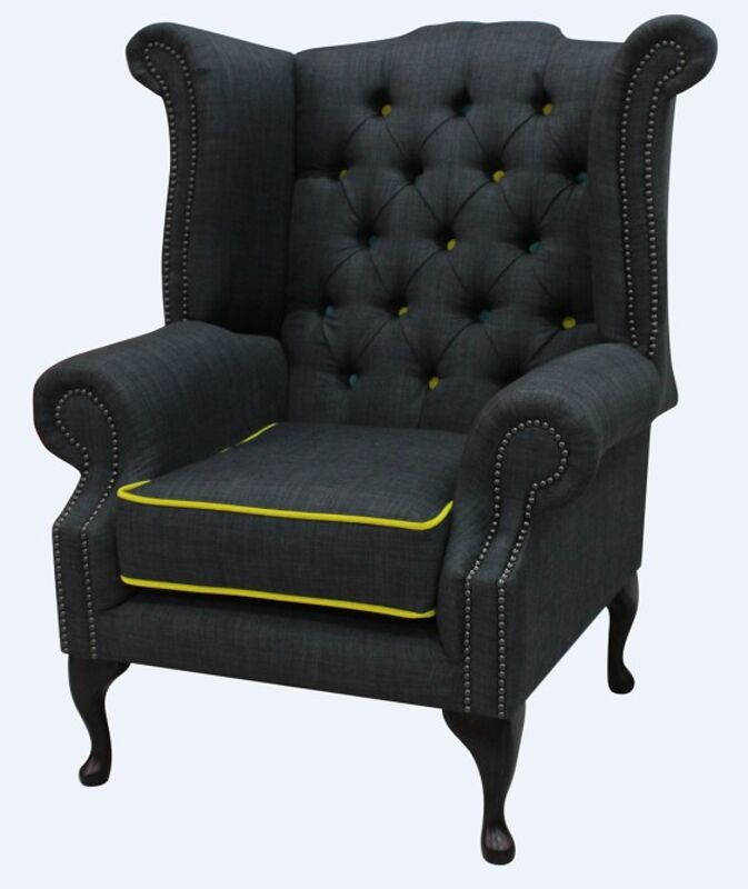 Product photograph of Charles Charcoal Yellow Trim Fabric Chesterfield Linen Queen Amp Hellip from Designer Sofas 4U