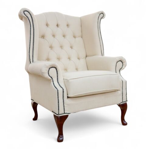 Chesterfield Queen Anne High Back Wing Chair Charles Cream Linen Fabric
