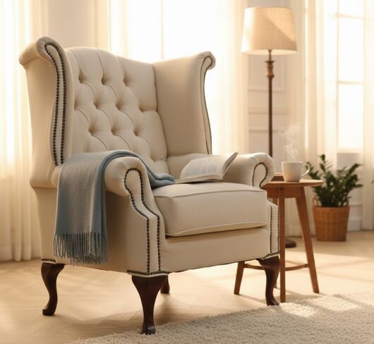 Chesterfield Queen Anne High Back Wing Chair Charles Cream Linen Fabric