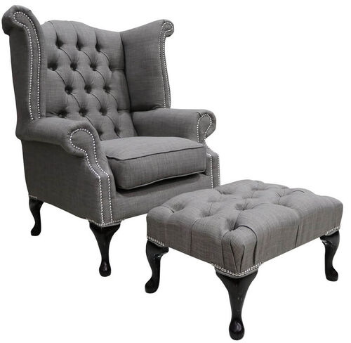 Chesterfield Linen Queen Anne High Back Wing Chair Charles Slate + Footstool
