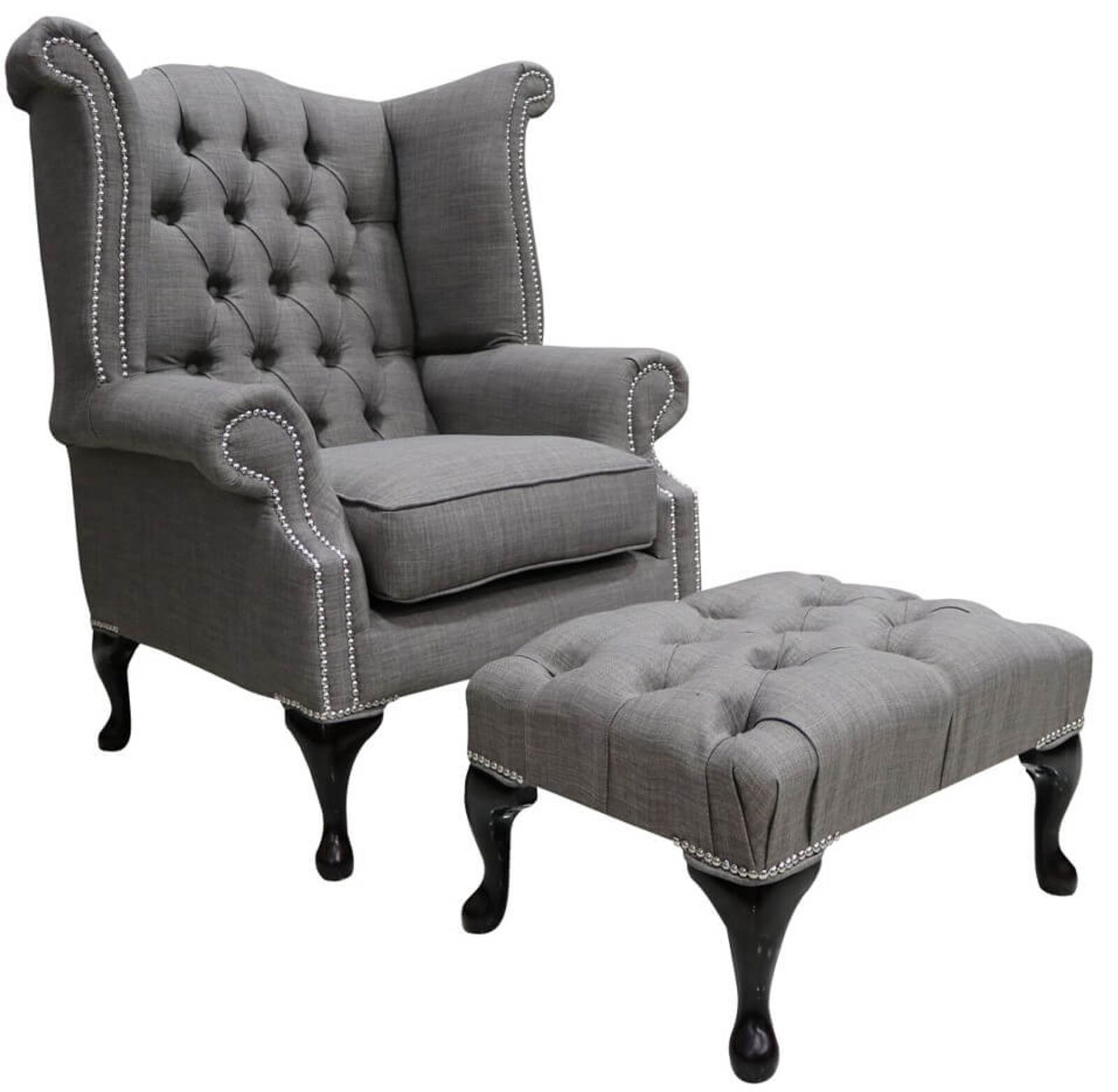 Product photograph of Chesterfield Linen Queen Anne High Back Wing Chair Charles Slate Footstool from Designer Sofas 4U