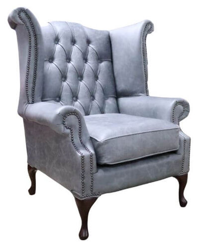 Chesterfield Queen Anne High Back Wing Chair Cracked Wax Ash Grey Leather