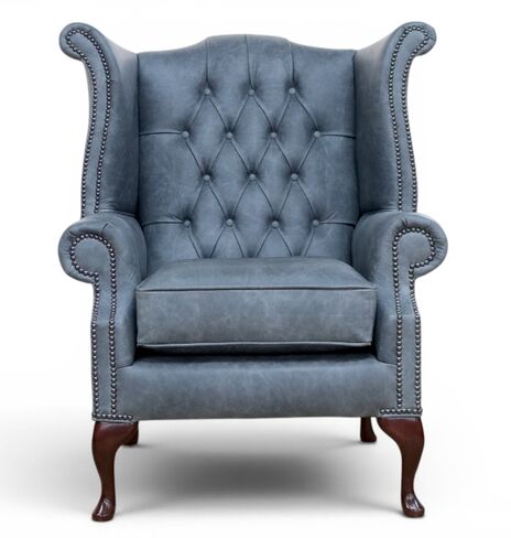 Chesterfield Queen Anne High Back Wing Chair Cracked Wax Ash Grey Leather