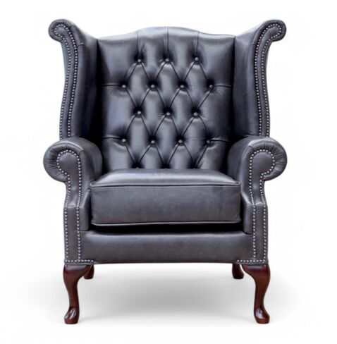 Chesterfield Queen Anne High Back Wing Chair Cracked Wax Black Leather