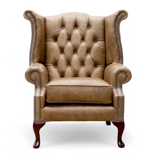 Chesterfield Queen Anne High Back Wing Chair Cracked Wax Tan Leather