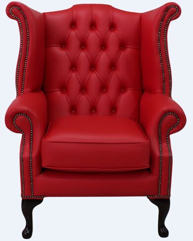 Chesterfield Queen Anne High Back Wing Chair UK Manufactured Flame Red Leather