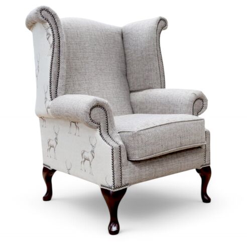 Chesterfield Queen Anne High Back Wing Chair Glencoe Natural Stag Fabric