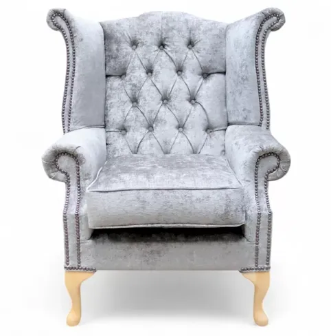 Chesterfield Queen Anne High Back Wing Chair Nuovo Ash Grey Fabric