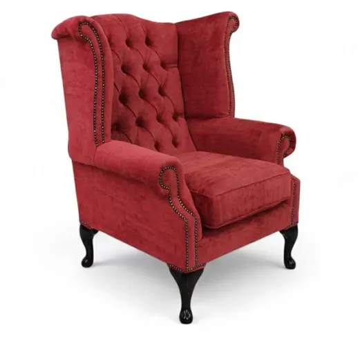 Chesterfield Queen Anne High Back Wing Chair Nuovo Claret Red Fabric