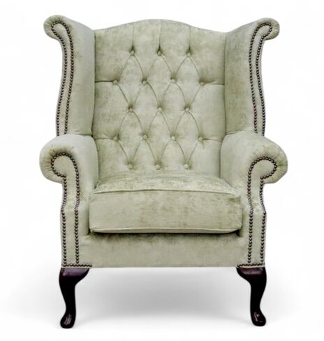 Chesterfield Queen Anne High Back Wing Chair Nuovo Moss Green Fabric