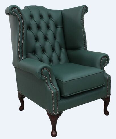 Shelly Jade Green Leather Chesterfield Queen Anne High Back Wing Chair | DesignerSofas4U