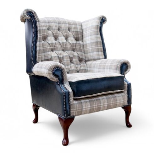 Chesterfield Queen Anne High Back Wing Chair Lana Beige Antique Blue Leather