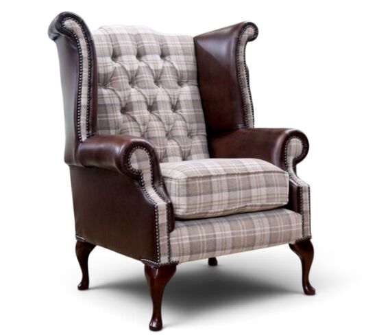 Chesterfield Queen Anne High Back Wing Chair Lana Beige Antique Brown Real Leather