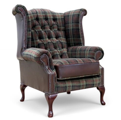 Chesterfield Queen Anne High Back Wing Chair Lana Moss Antique Brown Real Leather