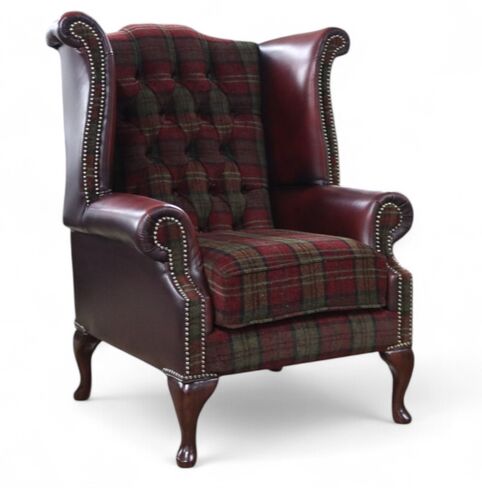 Chesterfield Queen Anne High Back Wing Chair Lana Terracotta Antique Oxblood Real Leather