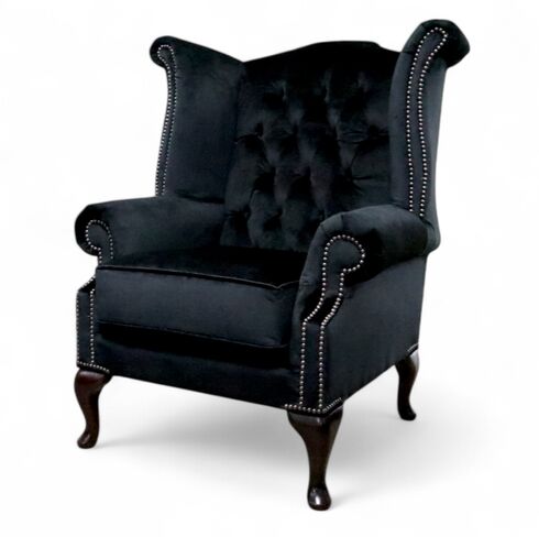 Chesterfield Queen Anne High Back Wing Chair Malta Black Velvet