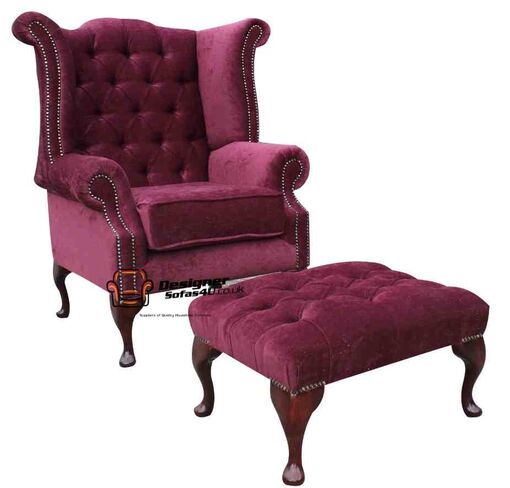 Chesterfield Fabric Queen Anne High Back Wing Chair + Matching Footstool Damson