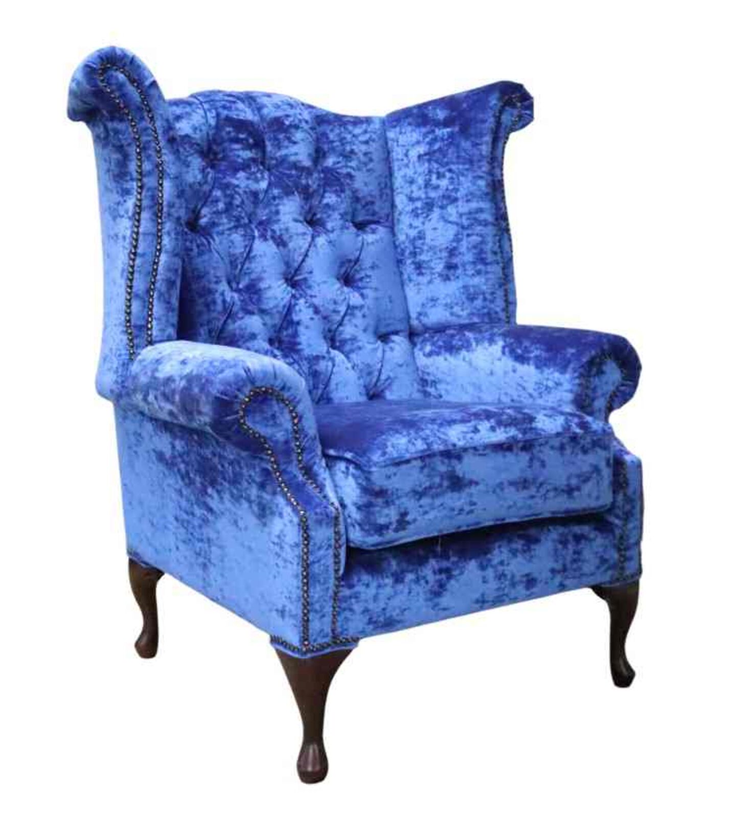 Product photograph of Chesterfield Queen Anne High Back Wing Chair Modena Blueberry Blue Velvet from Designer Sofas 4U