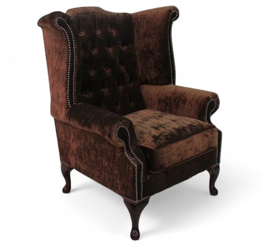 Chesterfield Queen Anne High Back Wing Chair Modena Dark Brown Velvet