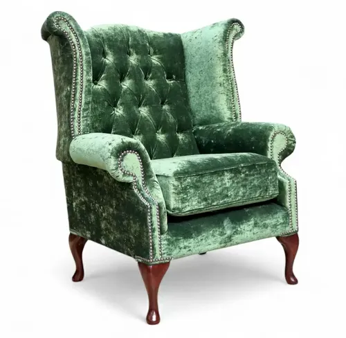 Chesterfield Queen Anne High Back Wing Chair Modena Forest Green Velvet