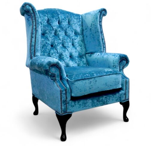Chesterfield Queen Anne High Back Wing Chair Modena Peacock Blue Velvet