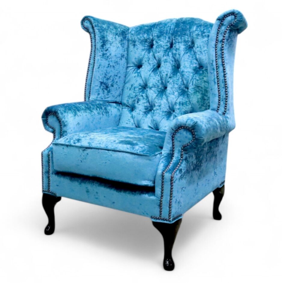 Peacock Blue Chesterfield Queen Anne High Back Wing chair